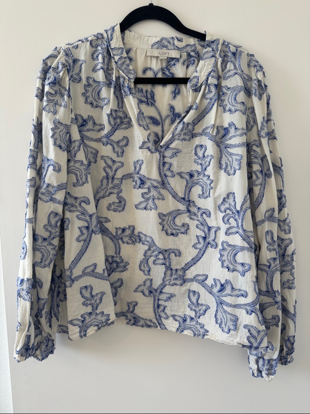 LOFT Blue & White Embroidered Peasant Blouse